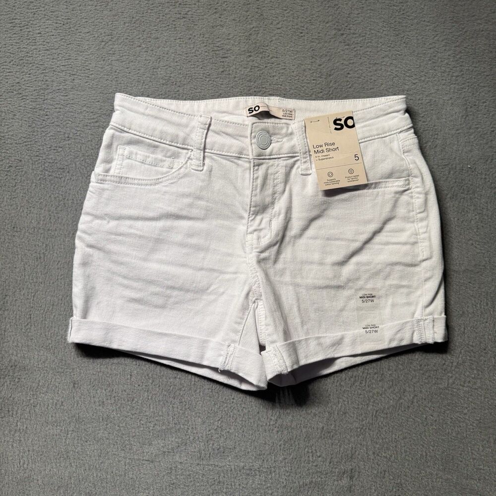 SO Womens 5 Low Rise Midi Shorts White Cuffed Stretch Denim Casual Summer NWT